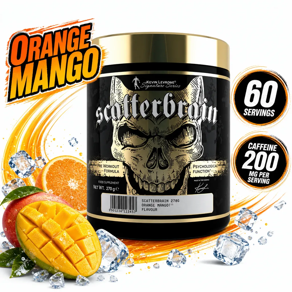 Kevin Levrone ScatterBrain 270g pre-workout powder in Orange Mango flavour, with 60 servings and 200mg caffeine per serving