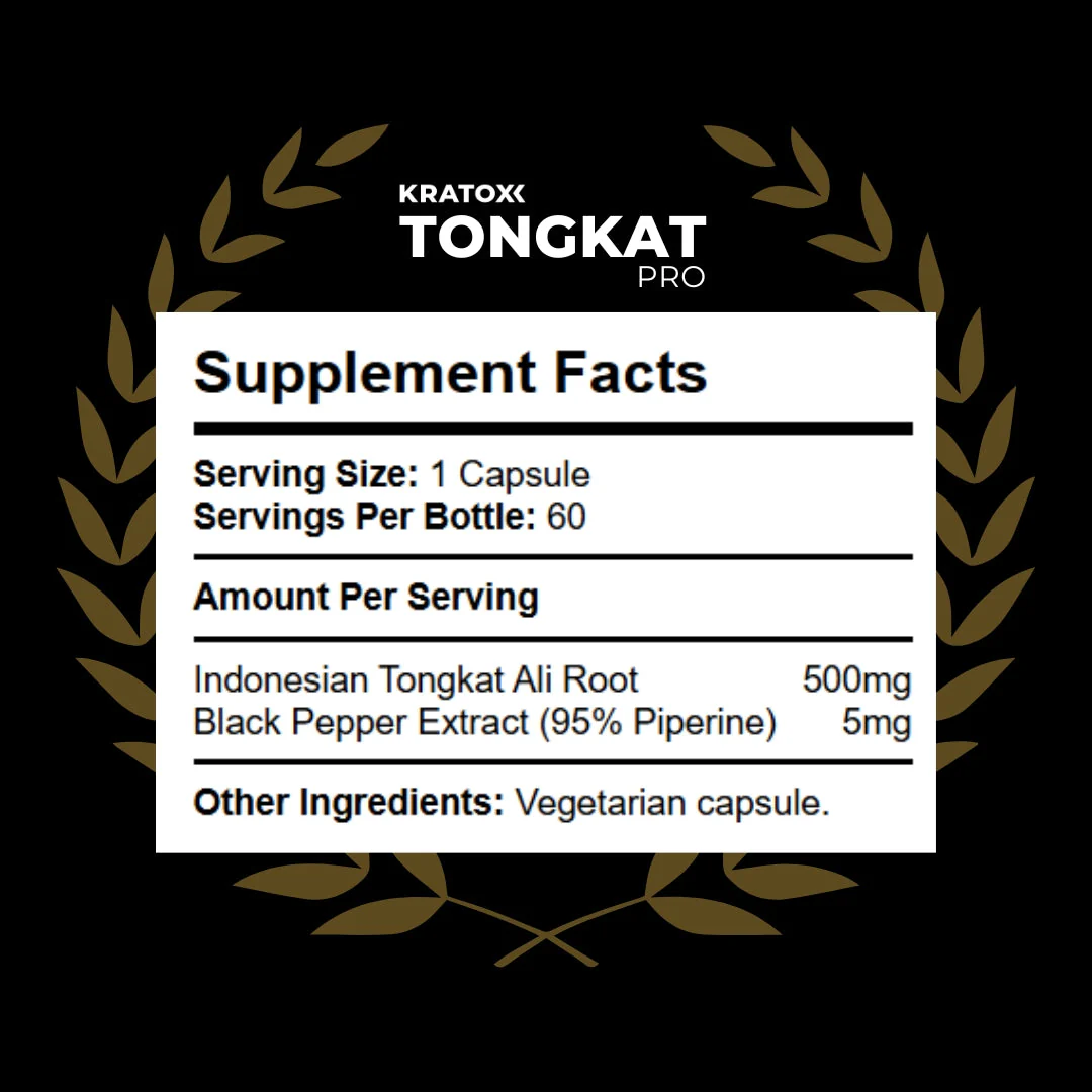 Kratox Tongkat Ali Pro 60 Caps bottle next to a small pile of loose capsules on a white background