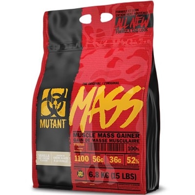Mutant Mass Muscle Mass Gainer 6.8kg XXL, high-calorie protein and carbohydrate supplement in a red and black bag, vanilla ice cream flavour.