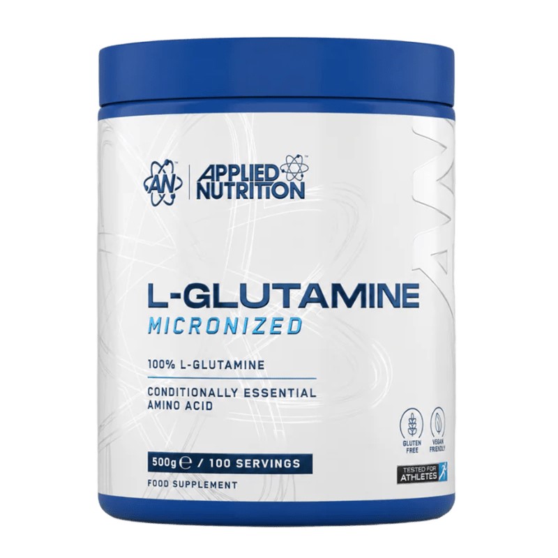 Applied Nutrition L-Glutamine 500g container, blue and white packaging with product label and branding visible