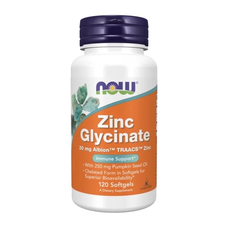 NOW Foods Zinc Glycinate 120 Softgels bottle with label, likely white plastic, containing dietary supplement capsules