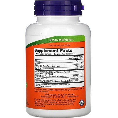 Now Foods Prostate Support 90 Softgels dietary supplement with saw palmetto extract, pumpkin seed oil, and lycopene, in a white bottle with orange and green label.