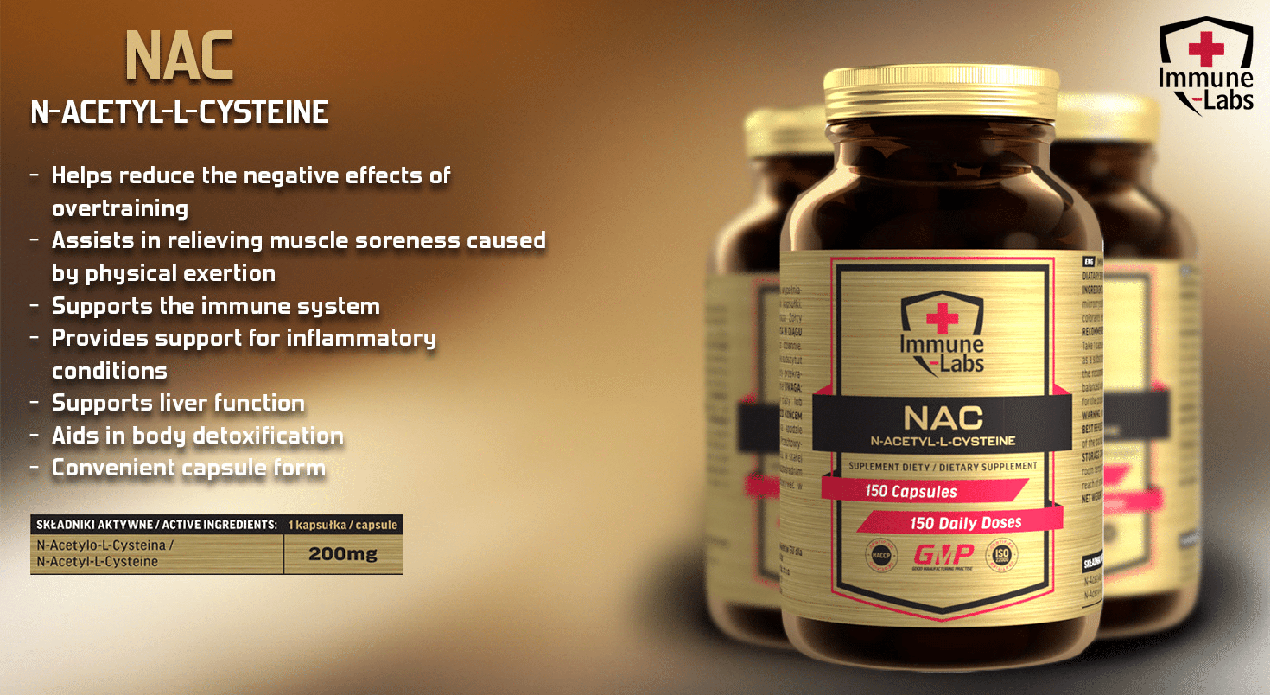 Immune Labs NAC N-Acetyl-L-Cysteine dietary supplement, 150 capsules per bottle, supports immune system, detoxification, and liver function, gold and black label.