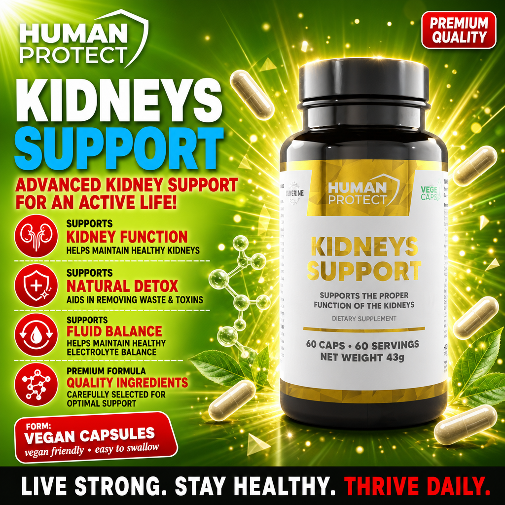 Human Protect Kidneys Support dietary supplement, 60 vegan capsules for kidney function, detox, and fluid balance, in a black and yellow bottle with green background.