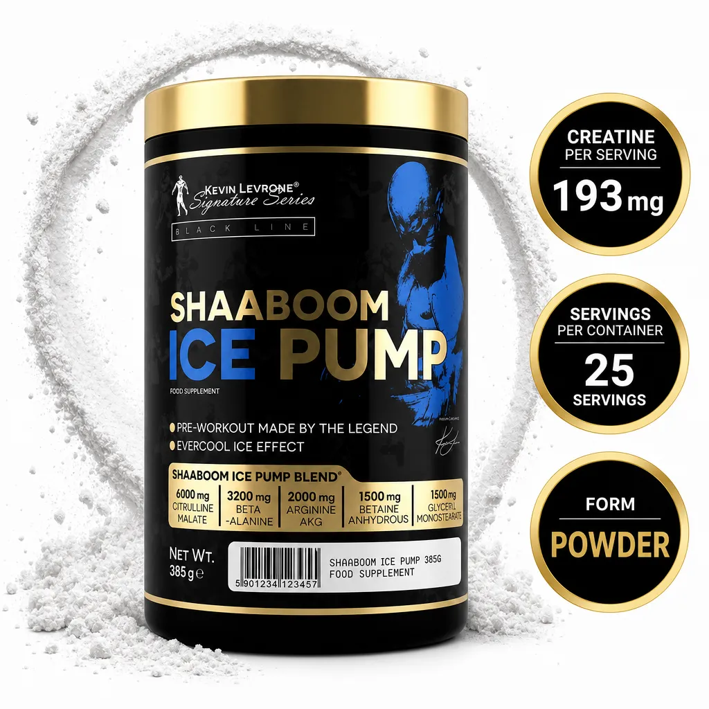 Kevin Levrone Shaaboom Ice Pump 385g pre-workout powder supplement in a black and gold tub with blue Ice Pump branding.