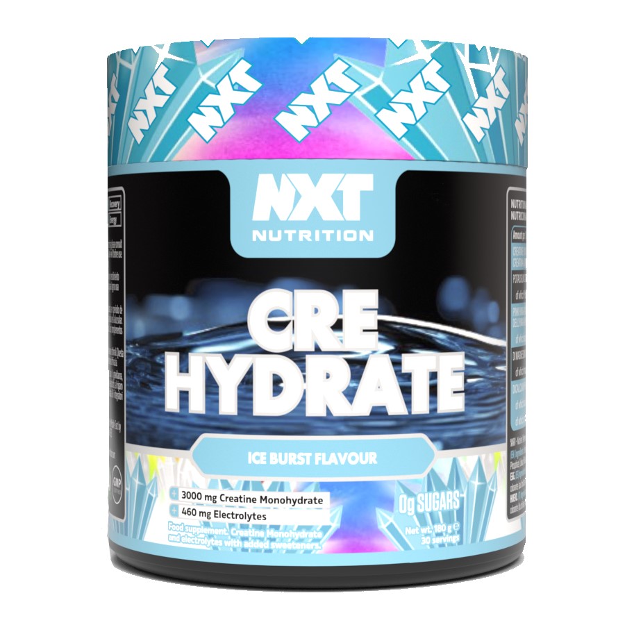 NXT Nutrition Cre Hydrate Ice Burst Flavour 180g creatine monohydrate and electrolytes supplement with 0g sugars, blue-themed packaging.