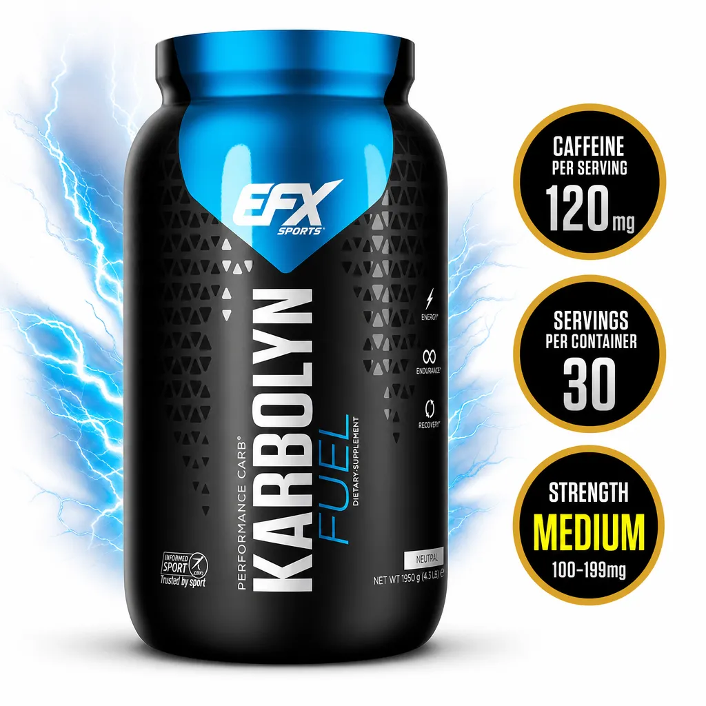 EFX Sports Karbolyn Fuel 1950g carbohydrate supplement in a black and blue tub, neutral flavour