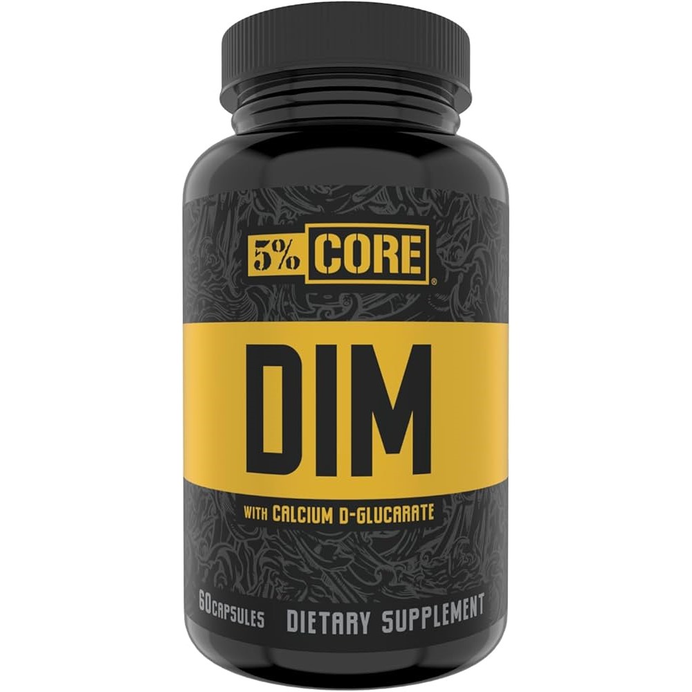 5% Nutrition Core Series DIM 60 Caps bottle, black with red and white label, dietary supplement capsules
