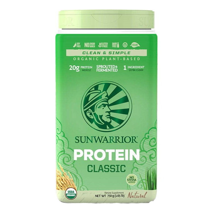 Sunwarrior Protein Classic 750g natural organic plant-based protein powder, unflavoured, vegan, gluten free, in a green container.
