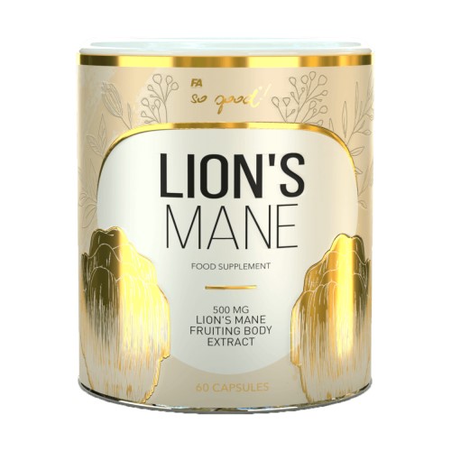 FA So Good! Lion's Mane 60 Capsules food supplement with 500 mg lion's mane fruiting body extract, in a gold and white container.