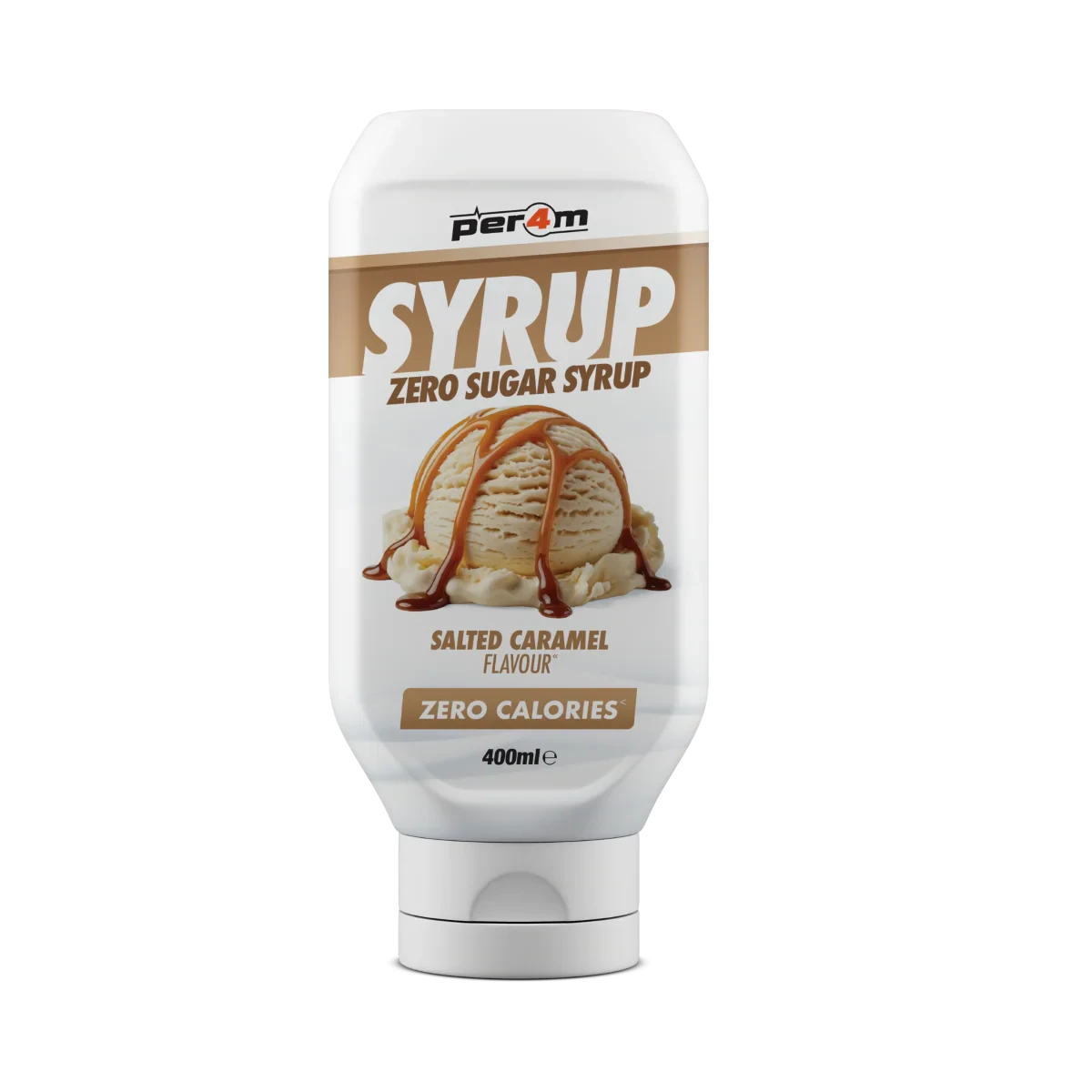 Per4m Zero Syrup 400ml Salted Caramel is a zero sugar, zero calorie syrup in a squeezable bottle, ideal for adding salted caramel flavor to foods and drinks.