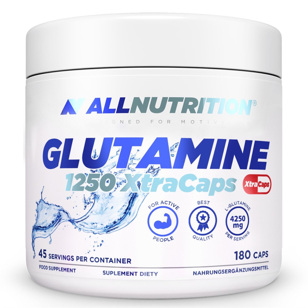Allnutrition Glutamine 1250 XtraCaps 180 caps is a dietary supplement with 1250mg L-glutamine per serving, designed for active people. The container is white with blue accents.