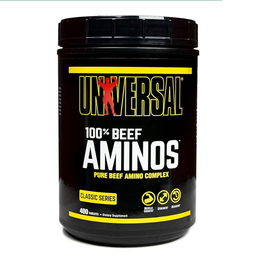 Universal Beef Aminos 400 Tabs by Universal Nutrition, large black bottle with yellow label and red accents