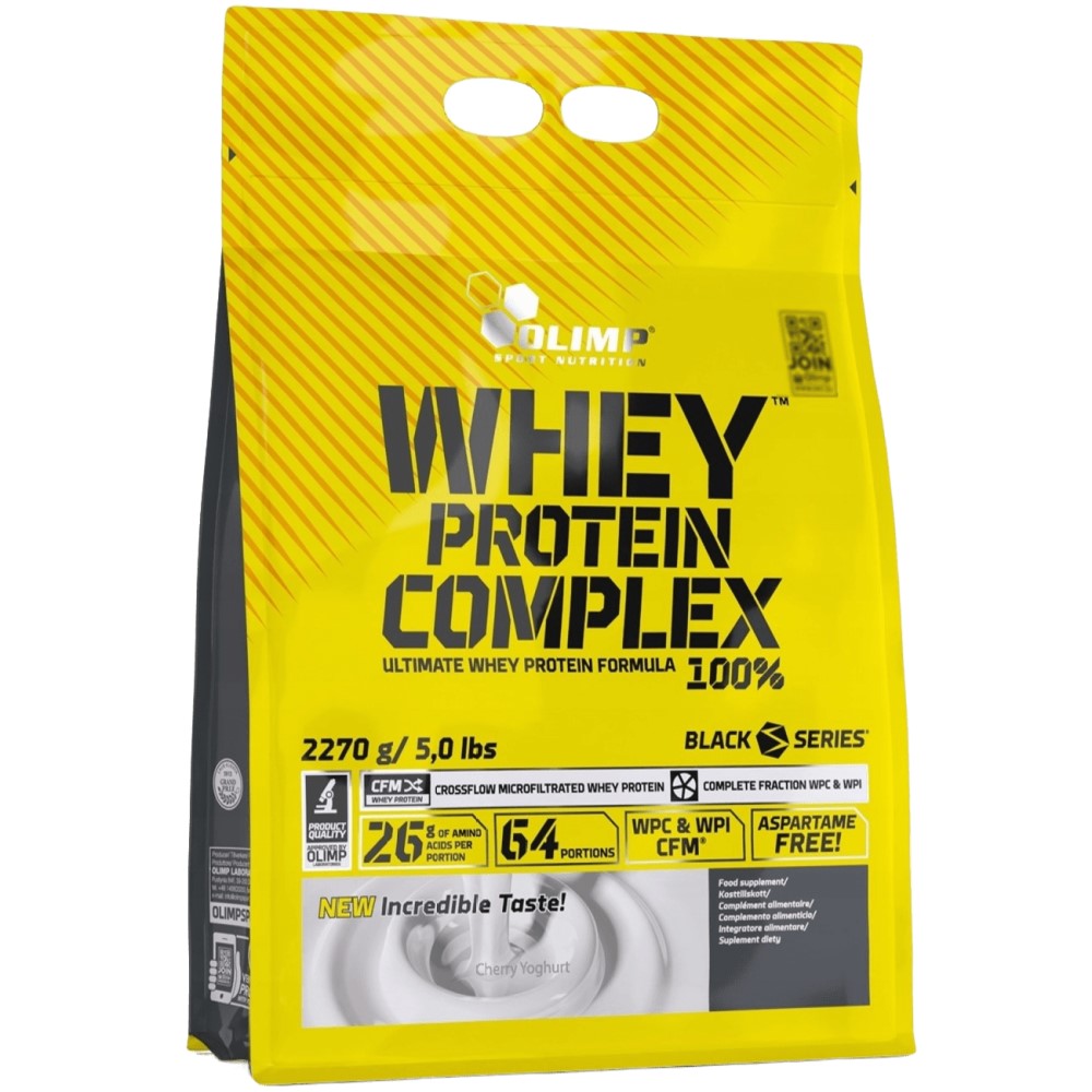 Olimp Whey Protein Complex 100% Cherry Yoghurt 2270g whey protein supplement in a yellow bag, featuring 26g of amino acids per portion and aspartame free formula.