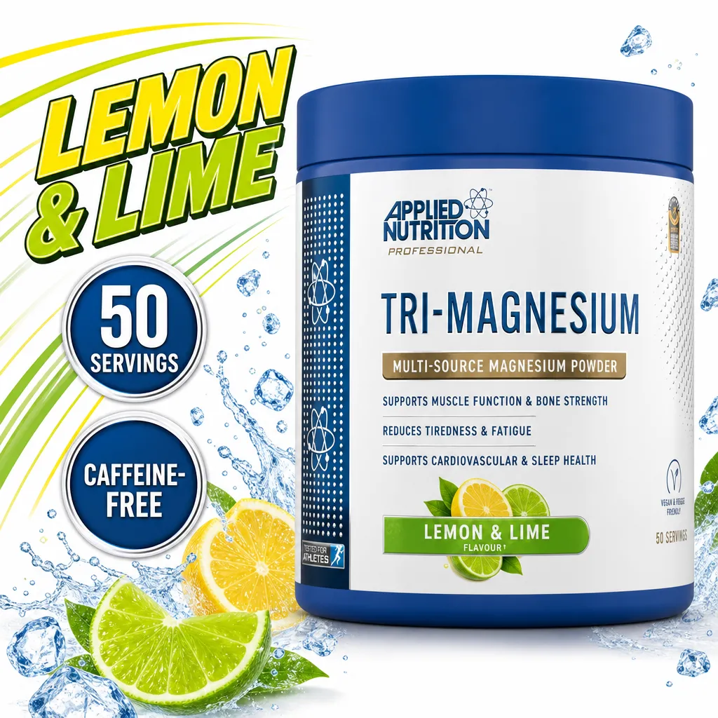 Applied Nutrition Tri-Magnesium 200g lemon and lime flavour magnesium powder with 50 servings in a blue tub