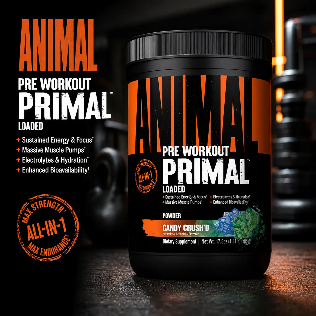 Universal Nutrition Animal Primal 507g pre-workout powder in Candy Crush'd flavor, featuring bold orange and black packaging, designed for energy, muscle pump, and hydration support.