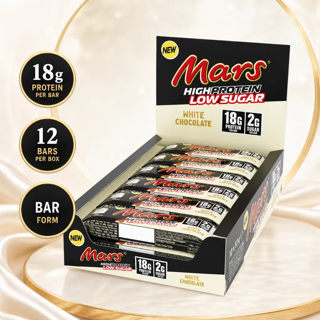 Mars White Low Sugar Hi-Protein Bar, white chocolate protein bar with 18g protein per bar, 57g bars in a 12-pack box