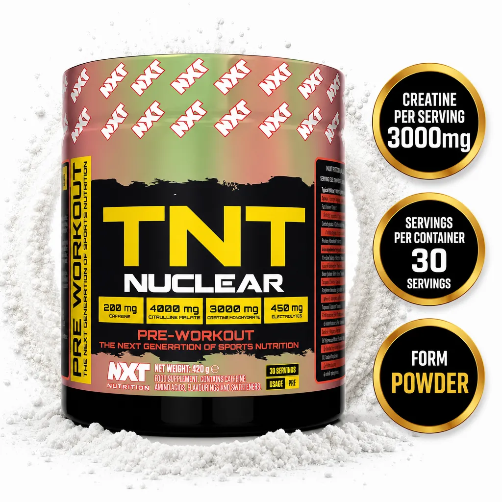 NXT Nutrition TNT Nuclear pre-workout powder, 420g tub with 30 servings, 200mg caffeine and 3000mg creatine per serving