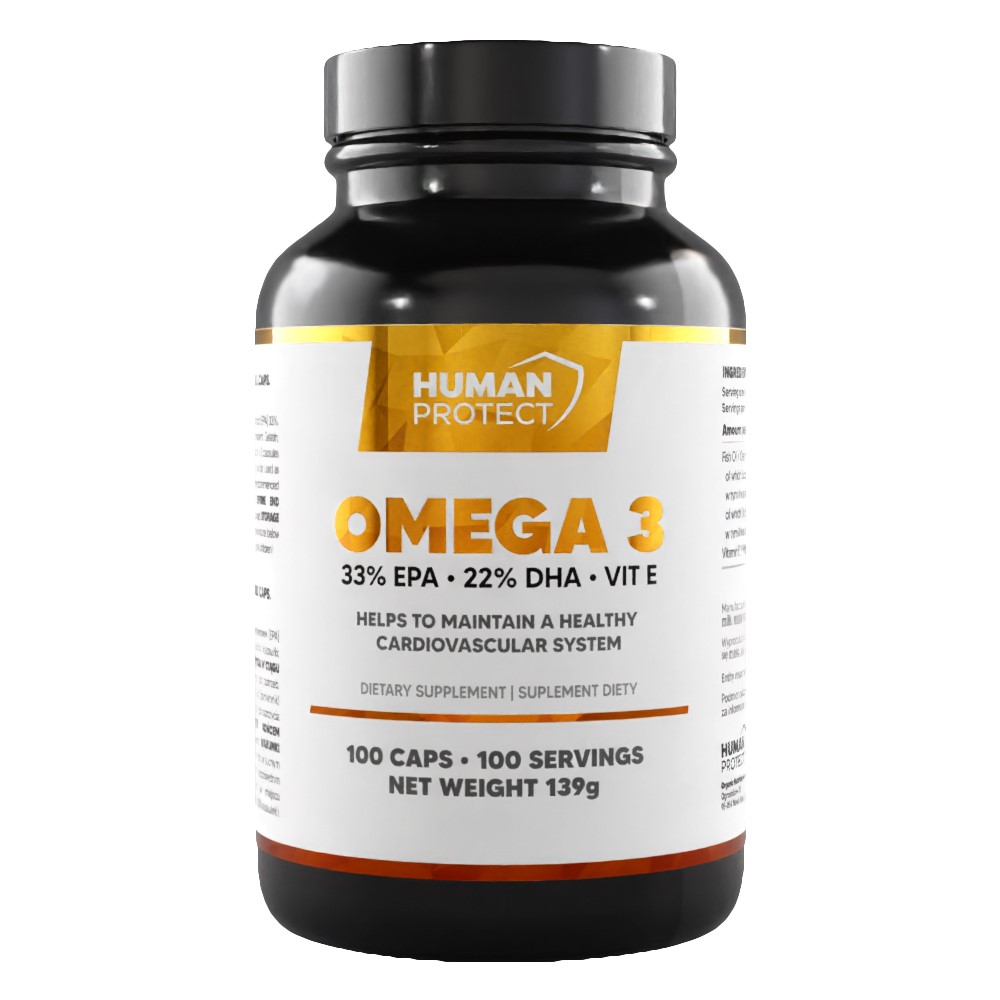 Human Protect Omega 3 33/22 100 Softgels bottle, white label with blue accents, containing softgel capsules