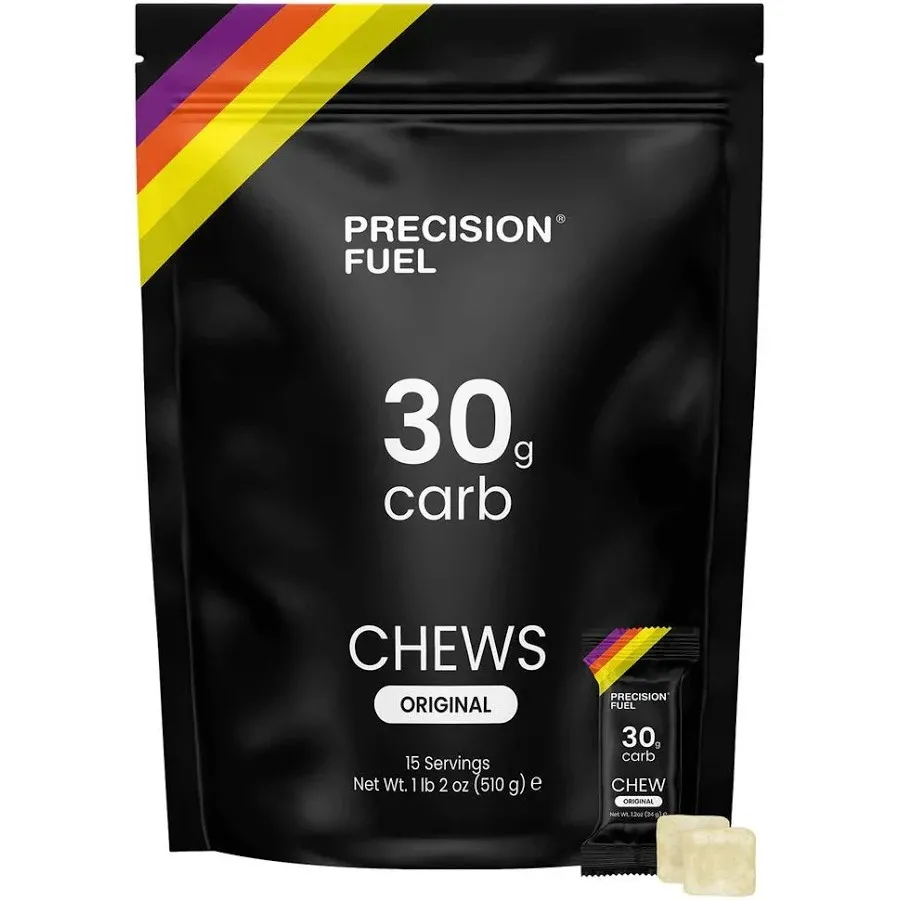 Precision Fuel Carb Chews 15 servings original flavour, 30g carb per serving, energy chews for endurance sports in a black pouch with rainbow stripe.