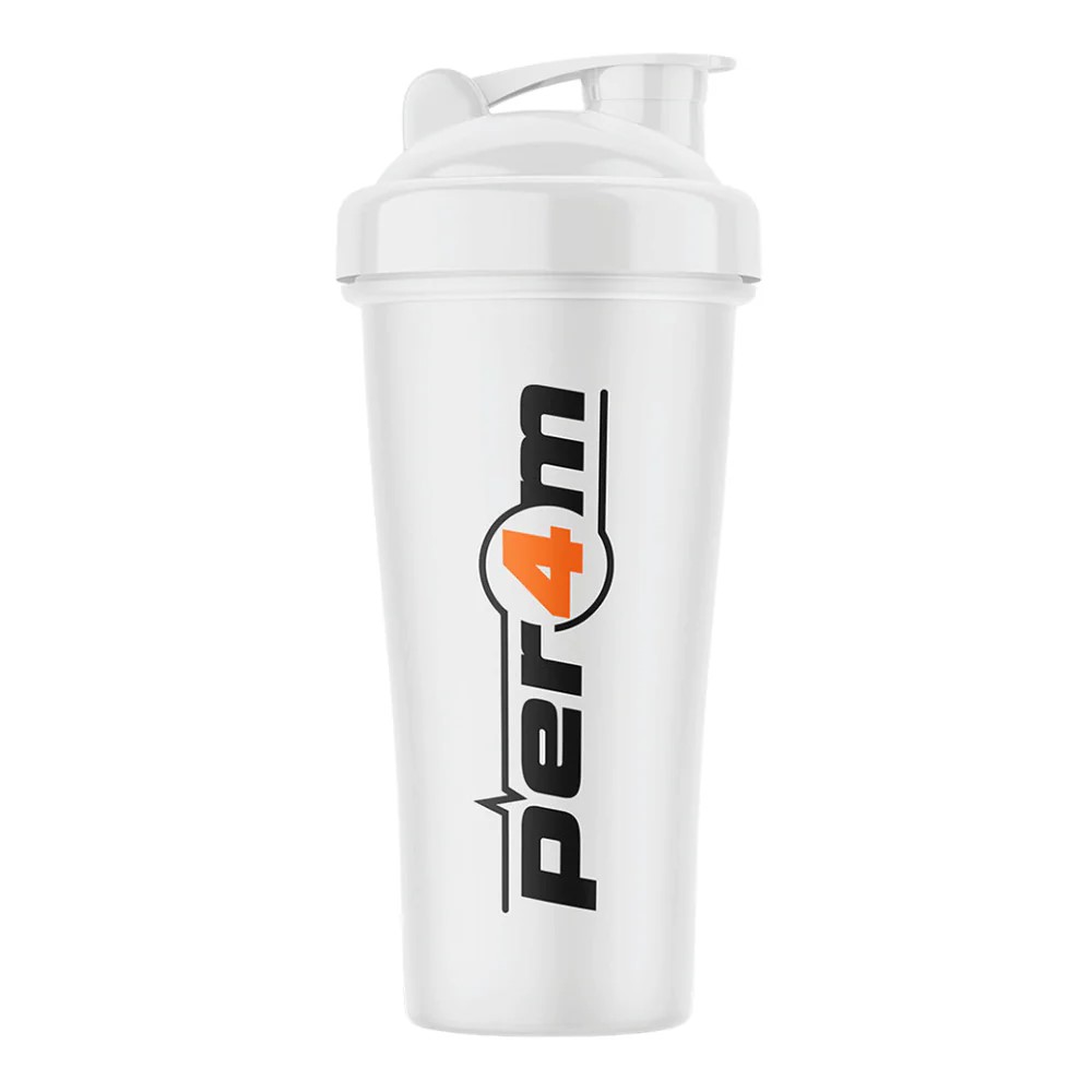 Per4m Shaker 700ml white protein shaker bottle with a flip-top lid, designed for mixing supplements and drinks, featuring a black and orange Per4m logo.