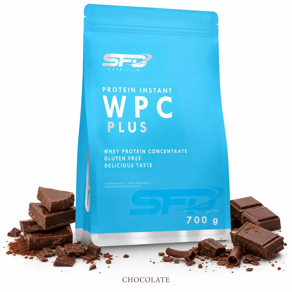 SFD WPC Protein Plus 700g chocolate whey protein concentrate powder, gluten-free, high protein, low carbohydrate, in a blue resealable pouch with chocolate pieces.