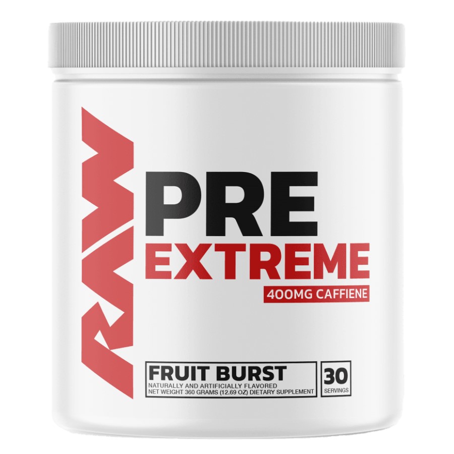 RAW Nutrition Pre Extreme Fruit Burst pre-workout supplement with 400mg caffeine, 30 servings, in a white tub with bold red and black text.