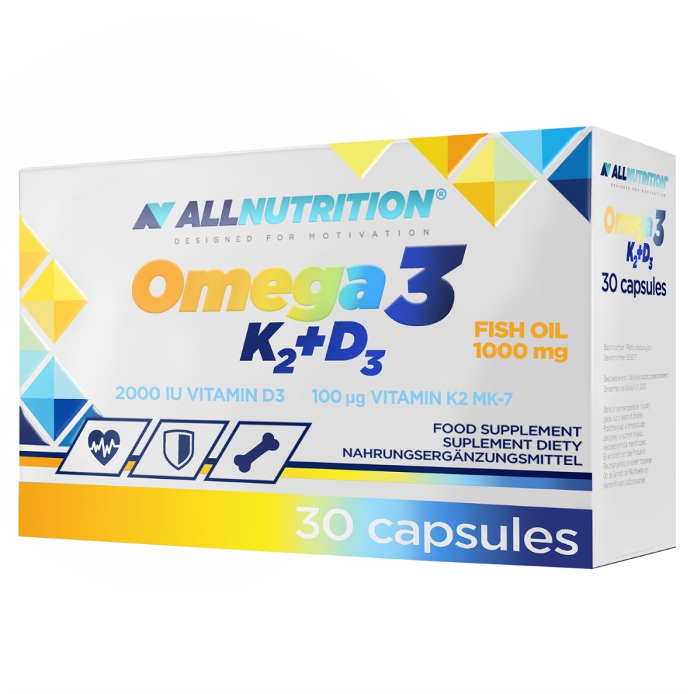 Allnutrition Omega 3 K2+D3 30 capsules fish oil supplement with vitamin D3 and K2, 1000 mg fish oil per serving, white box with colorful geometric accents.
