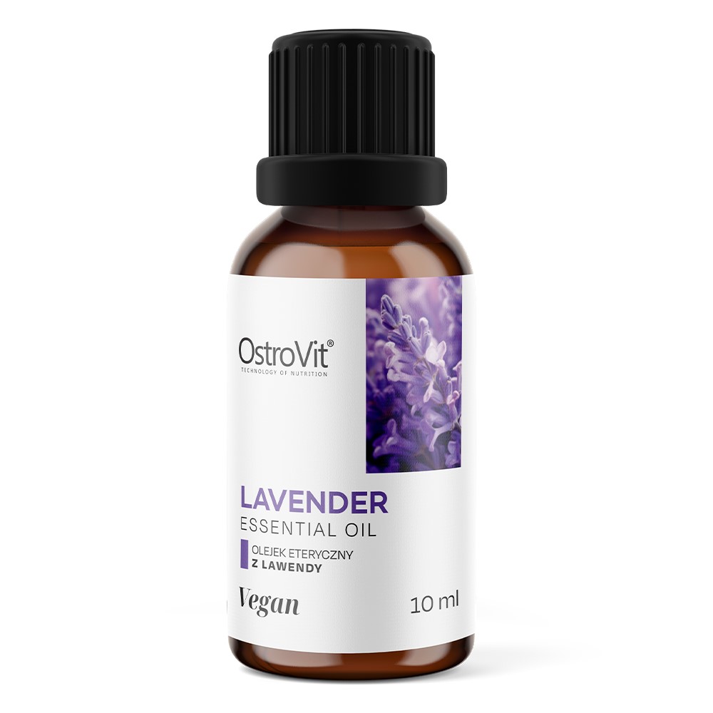 OstroVit Lavender Essential Oil 10ml vegan essential oil with lavender extract in a brown glass bottle, suitable for aromatherapy and topical use.