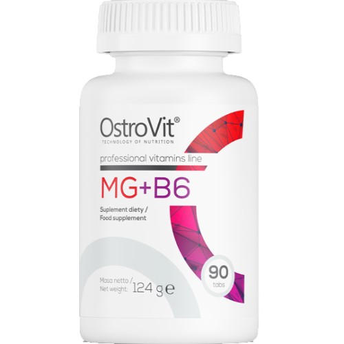 OstroVit MG+B6 90 tabs dietary supplement with magnesium and vitamin B6, white bottle with purple and red design, 124g net weight.
