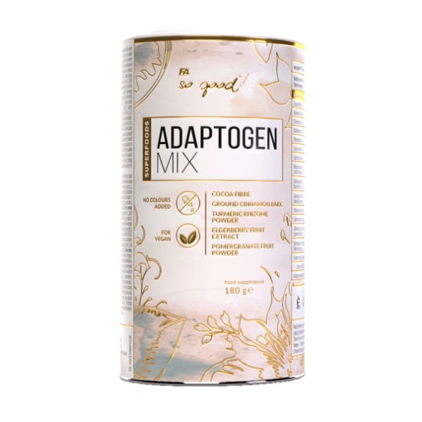 FA So Good! Adaptogen Mix 180g superfoods powder with cocoa fibre, cinnamon bark, turmeric, elderberry, and pomegranate, suitable for vegans, in a white and gold container.
