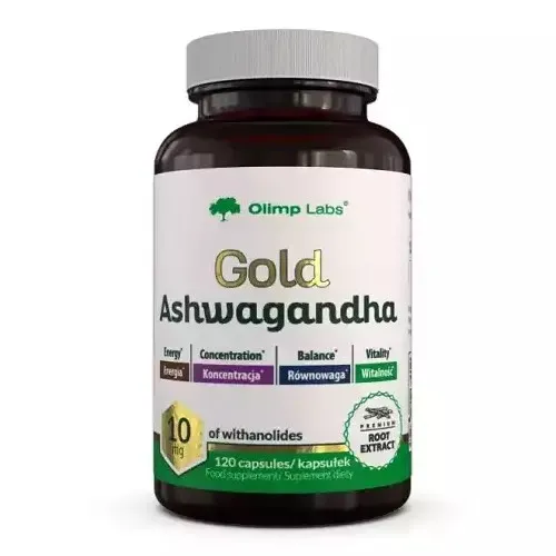 Olimp Labs Gold Ashwagandha root extract supplement, 120 capsules, with 10 mg withanolides per serving, designed to support energy, concentration, balance, and vitality.