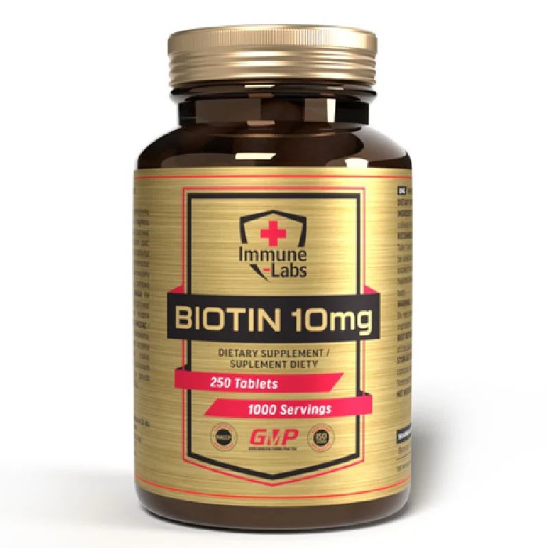 Immune Labs Biotin 10mg dietary supplement, 250 tablets per bottle, gold label, biotin vitamin for hair, skin, and nails support.