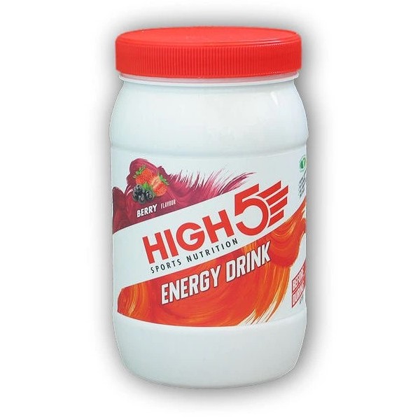 High5 Sports Nutrition Energy Drink berry flavour powdered sports supplement in a white tub with a red lid, suitable for hydration and energy during exercise.