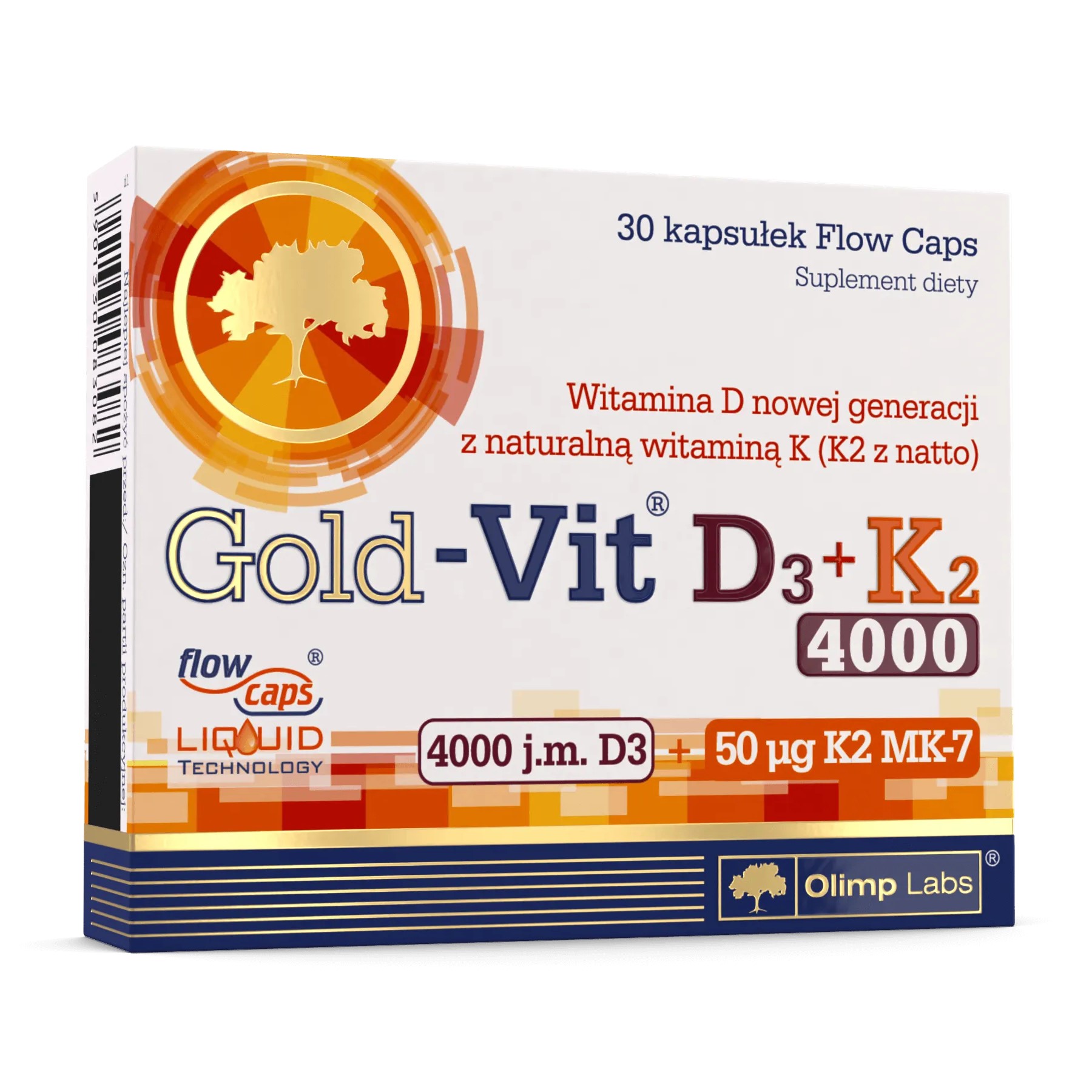 Olimp Gold-Vit D3+K2 4000IU 30 Caps bottle with branded label, likely showing supplement facts and capsule count