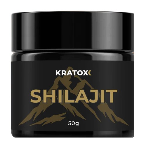 Kratox Shilajit Resin 50g in a clear glass jar with black lid, featuring product label and included measuring spatula.