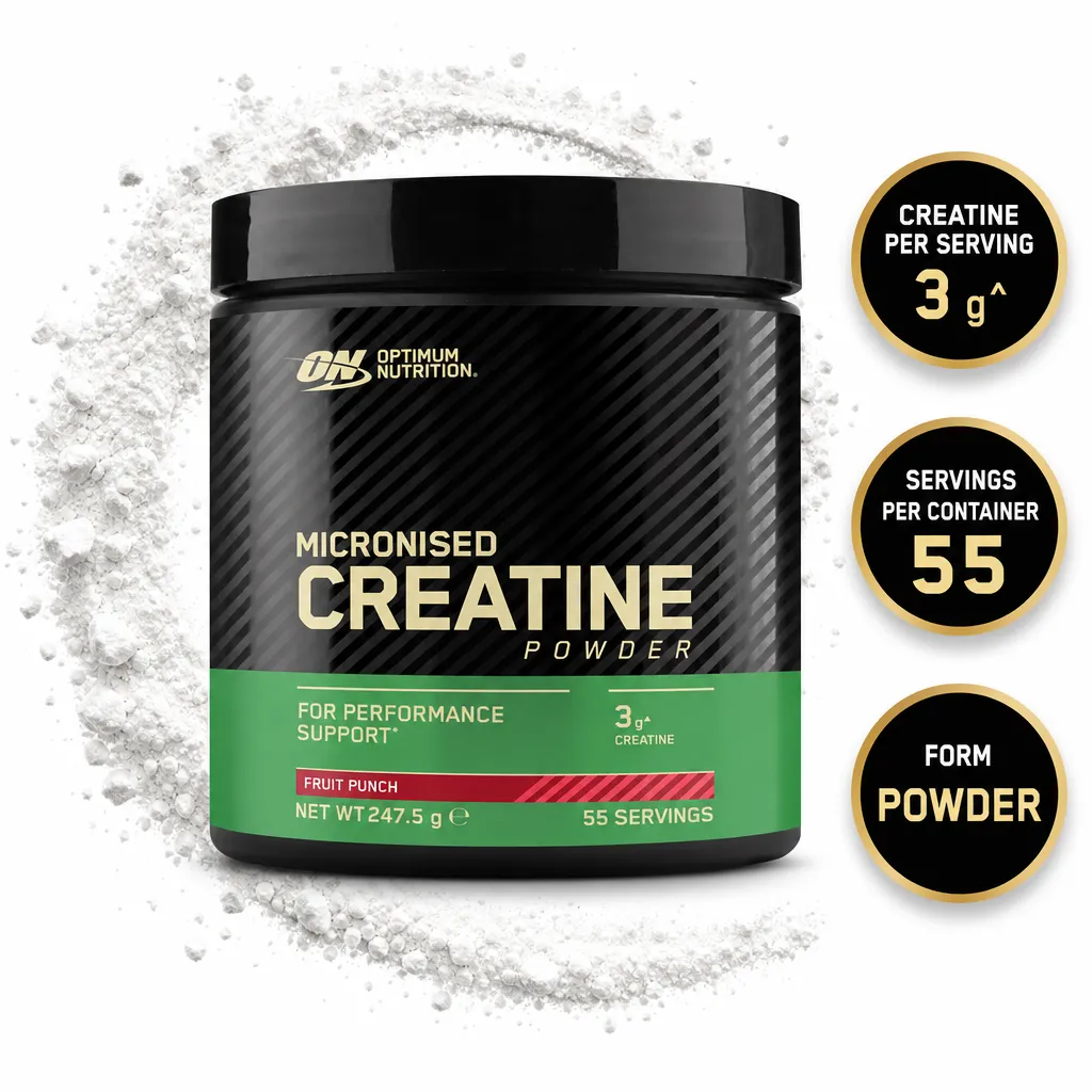 Optimum Nutrition Micronized Creatine Powder, Fruit Punch flavour, 247.5g tub with 55 servings