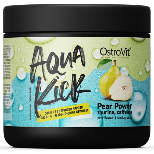 OstroVit Aqua Kick Pear Power 300g pear-flavour beverage powder with taurine and caffeine, featuring a green and yellow label with pear imagery.