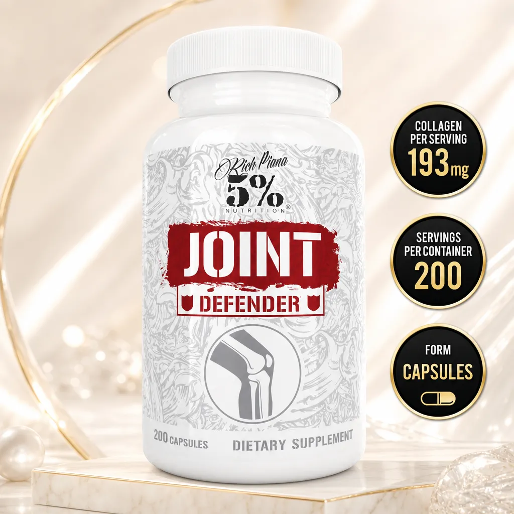 5% Nutrition Joint Defender joint support dietary supplement, 200 capsules in a white bottle with red and black label