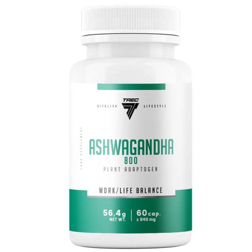 Trec Nutrition Ashwagandha 800 plant adaptogen supplement, 60 capsules, 56.4g net weight, designed for work/life balance support.