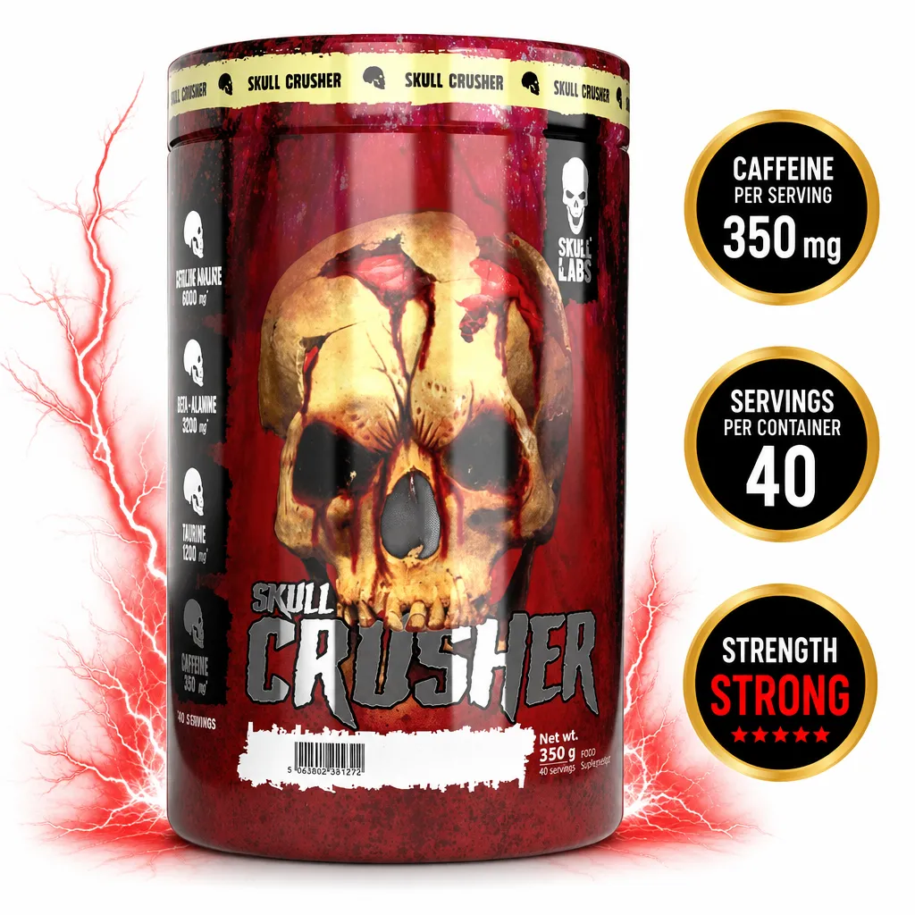 Skull Labs Skull Crusher 350g pre-workout supplement tub with a skull graphic, red and black packaging, and 40 servings