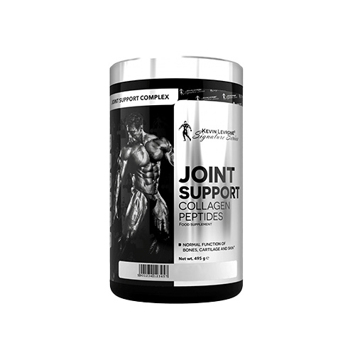Kevin Levrone Joint Support Collagen Peptides 495g food supplement for bones, cartilage, and skin, in a black and white container with a muscular figure on the label.