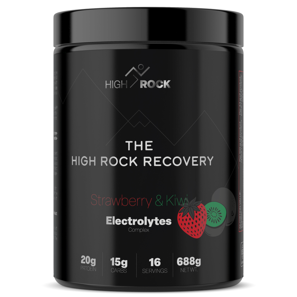 High Rock High Rock Recovery Strawberry & Kiwi electrolyte complex supplement, 16 servings, 688g, with 20g protein and 15g carbs per serving, in a black container.