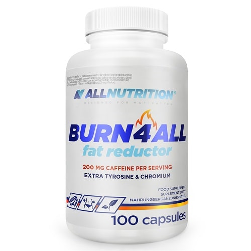 Allnutrition Burn4All Fat Reductor, a dietary supplement with 100 capsules, featuring 200 mg caffeine per serving, extra tyrosine and chromium, in a white bottle with blue and orange text.