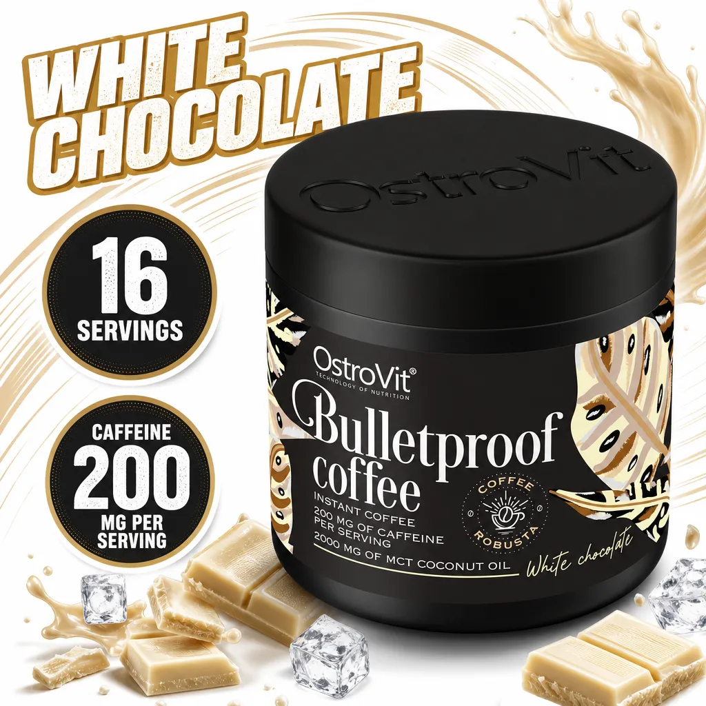 OstroVit BulletProof Coffee 150g instant robusta coffee with white chocolate flavour, MCT coconut oil and 200mg caffeine per serving