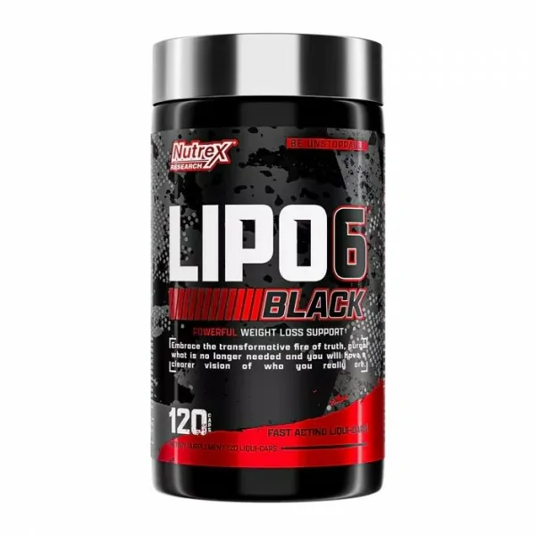 Nutrex Research Lipo 6 Black 120 liquid capsules, a fast-acting weight loss support supplement in a black and red bottle.