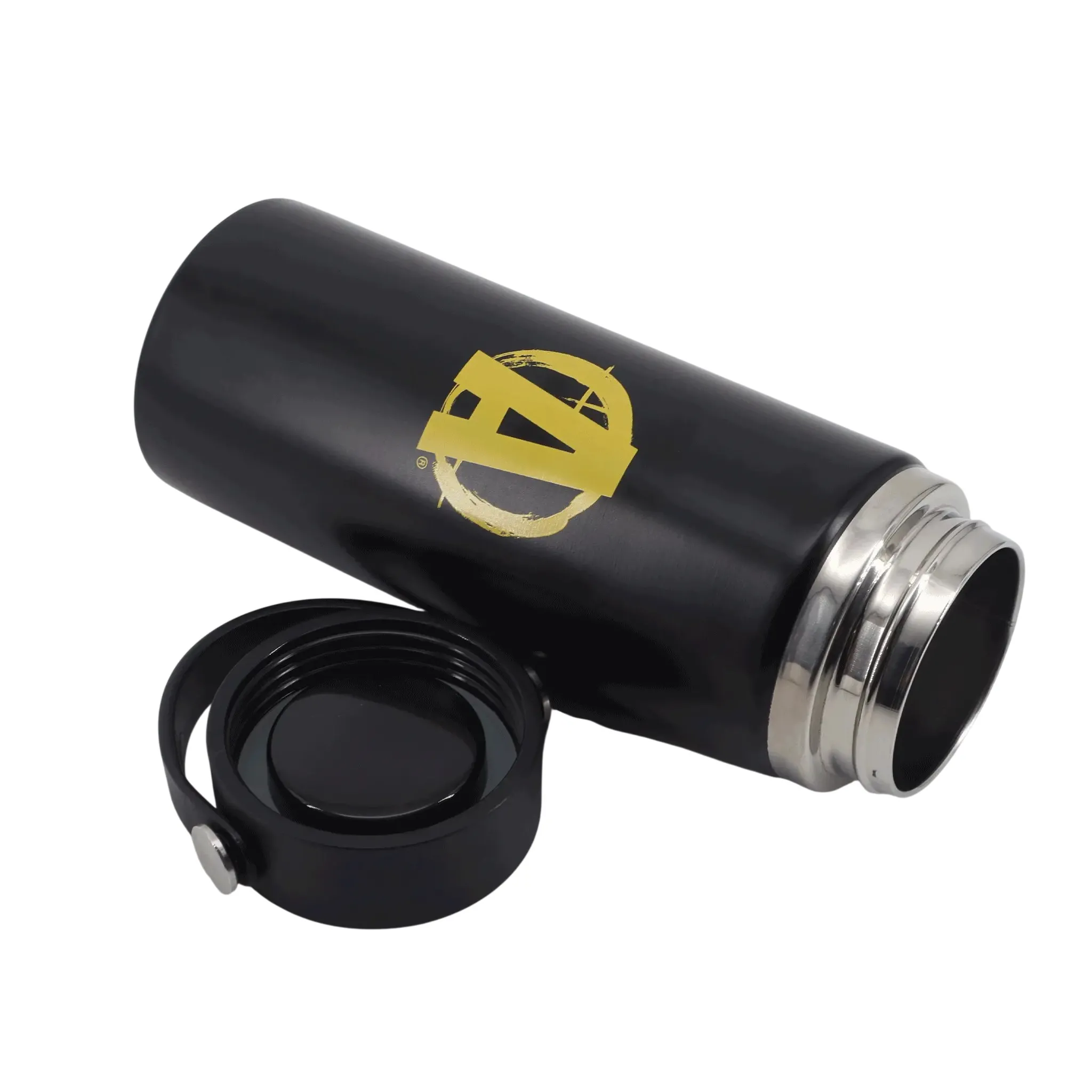 Universal Nutrition Animal Stainless Steel Water Bottle 500ml, black with yellow Animal logo, stainless steel interior, and screw cap lid.