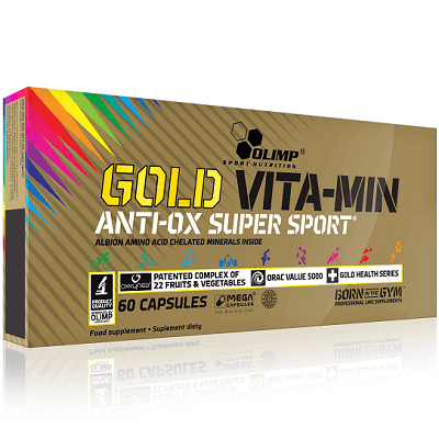 Olimp Gold Vita-Min Anti-OX Super Sport 60 capsules, a multivitamin and antioxidant supplement for athletes, gold packaging, part of the Gold Health Series.