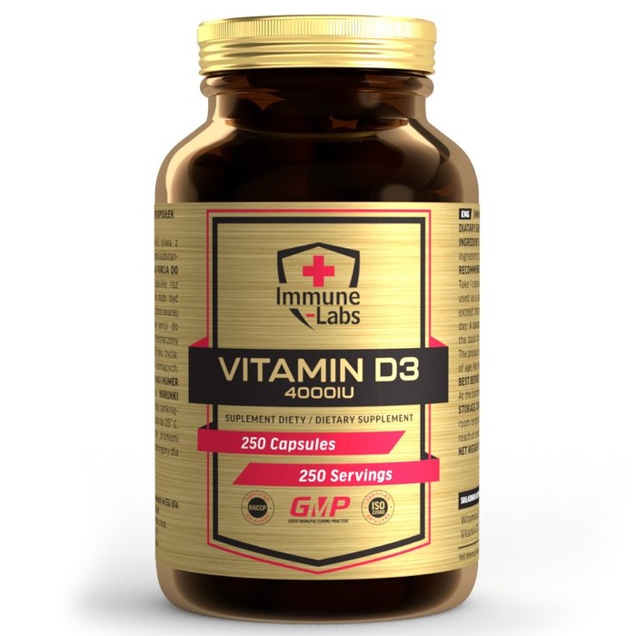 Immune Labs Vitamin D3 4000IU dietary supplement, 250 capsules per bottle, suitable for daily vitamin D intake, in a gold and brown container.