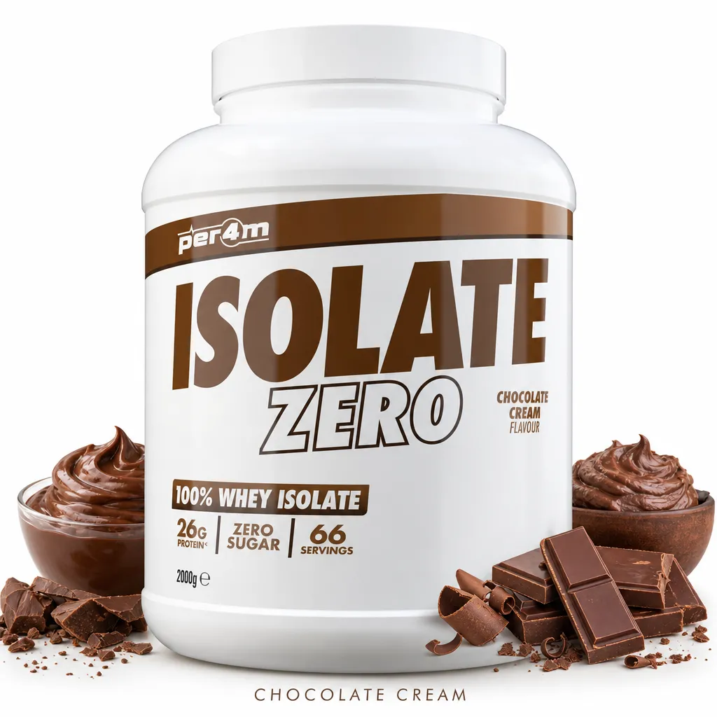 Per4m Isolate Zero 2000g Chocolate Cream is a whey protein isolate powder with 26g protein per serving, zero sugar, and 66 servings per container.